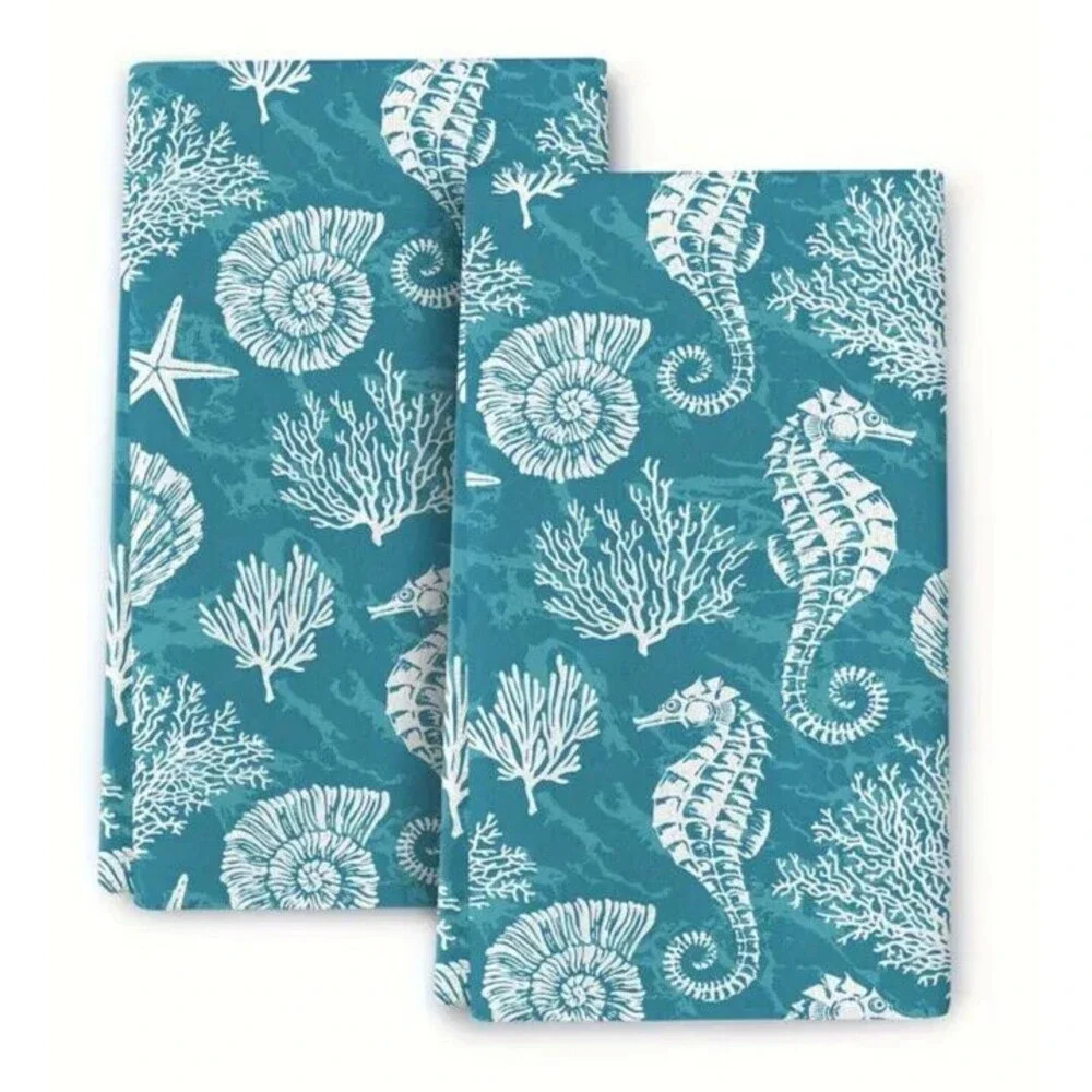 Nautical Sea Life Seahorse Kitchen Dish Towels 2pc Blue White 16 x 24-inch Gift